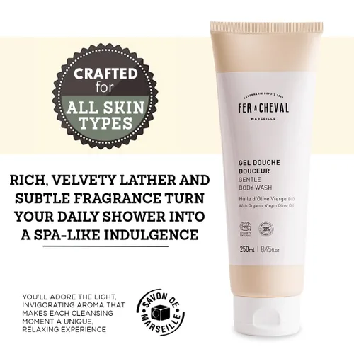 Vista 3 de Fer à Cheval Gel de baño suave, certificado COSMOS NAT, 8.5 fl oz El gel de baño suave de 8.5 fl oz crea una espuma suave para limpiar y dejar