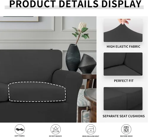 Vista 6 de Easy-Going - Funda elástica de vellón de 3 piezas para sofá biplaza, lavable, 2 fundas para cojines separados, protector para niños y mascotas