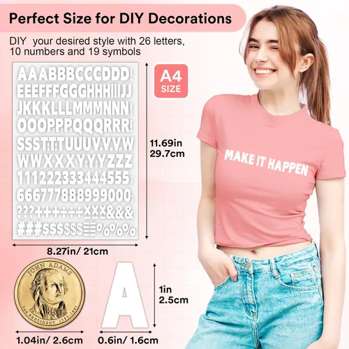 Vista 2 de 10 hojas 1660 piezas letras y números termoadhesivos para ropa, letras de vinilo termoadhesivas blancas de 1 pulgada con letras de transferencia