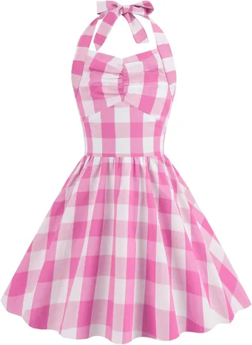 Vista 4 de IWEMEK Vestidos Mommy and Me para niñas, vestido a cuadros rosa y blanco para mujer, vestidos halter a cuadros de los años 50, vestido de cóctel
