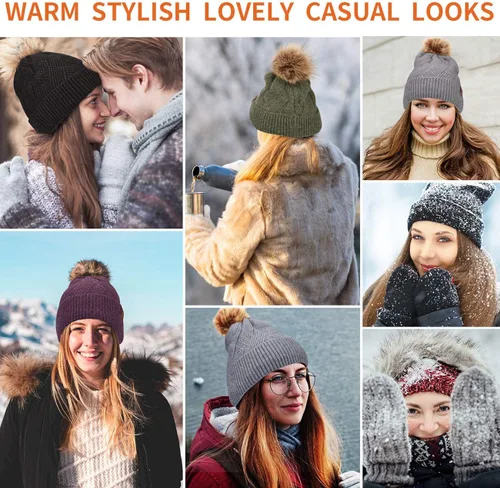 Vista 7 de MAYLISACC Gorro y guantes para mujer, gorro térmico de punto de invierno, 2 piezas, con forro polar grueso para mujer