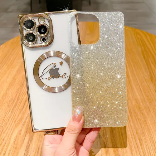 Vista 2 de Funda magnética con purpurina para iPhone 13 Pro Max, funda transparente con diseño de corazón de amor, compatible con MagSafe para mujeres y niñas