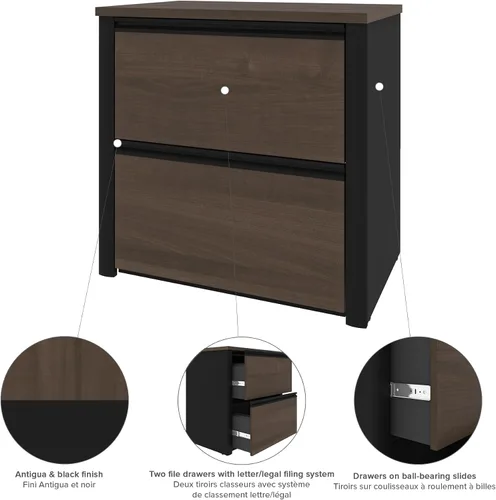 Vista 5 de Bestar Archivador lateral Connexion 31W con 2 cajones en Antigua y negro 2 drawers; adjustable leg levelers; ball-bearing drawer slides; Particle