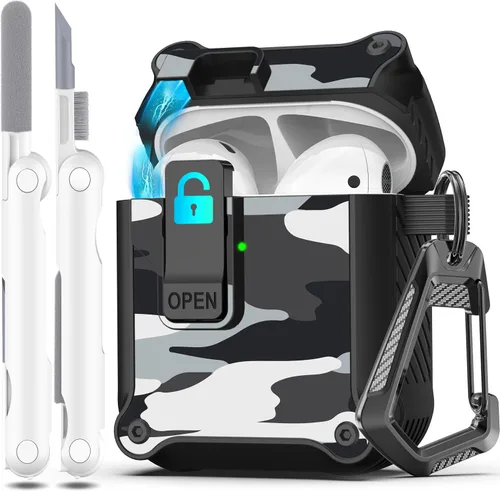 Vista 180 de R-fun Funda de carga compatible con AirPods de 2ª generación 2019, 1ª generación 2016, protección completa contra caídas, tapa desplegable