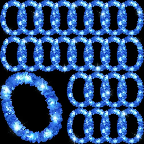 Vista 25 de Sherr 24 piezas de collares de flores hawaianas con luces LED para boda, luces LED para luau, collares de flores hawaianas para playa, carnaval