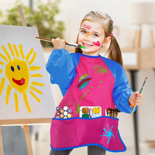 Vista 3 de Bassion Kids Art Smock, Toddlers Painting Aprons Colorful Waterproof Children Artist Smock Age 2-8 Years Gifts