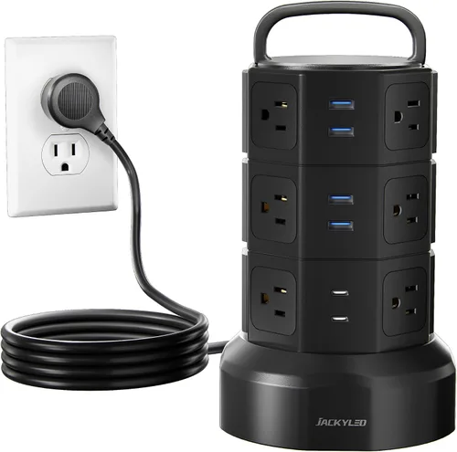 Vista 21 de Regleta de alimentación con protector de sobretensión de torre, JACKYLED 16 tomas 6 USB (2 USB C) estación de carga, cable de extensión con Negro