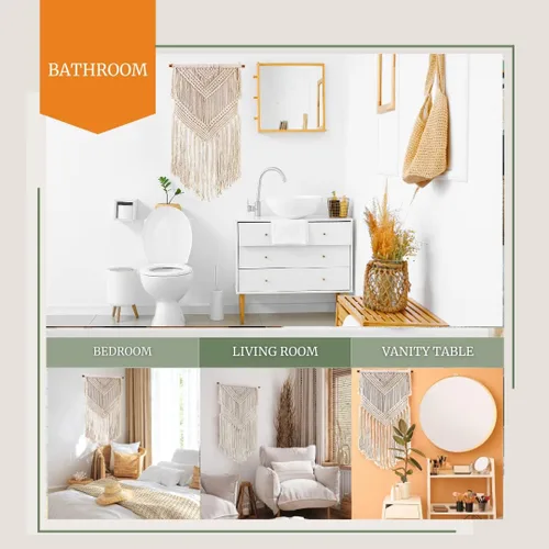 Vista 3 de Livalaya Tapiz bohemio tejido de macramé para colgar en la pared, color beige, 16 x 36 pulgadas, moderno tapiz bohemio para decoración de pared