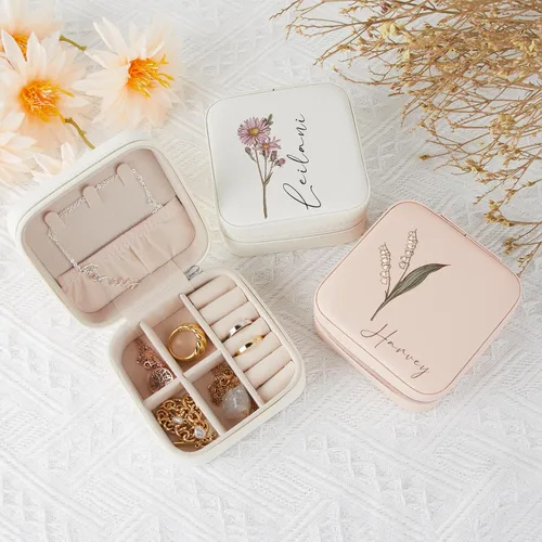 Vista 2 de Joyero de viaje para mujer, joyero de flores de nacimiento, organizador personalizado de flores de nacimiento, pequeño joyero de viaje para viajar