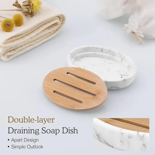 Vista 3 de Luxspire Jabonera de Bambú, Soporte de Jabón de Resina con Drenaje, Jabonera Ovalada de Madera para Ducha, Baño, Lavabo, Cocina y Encimera, Blanco