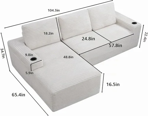 Vista 2 de Sofás seccionales sin hueso en forma de L de 104 pulgadas para sala de estar, cómodo sofá de pana con diván y portavasos, reposabrazos ancho