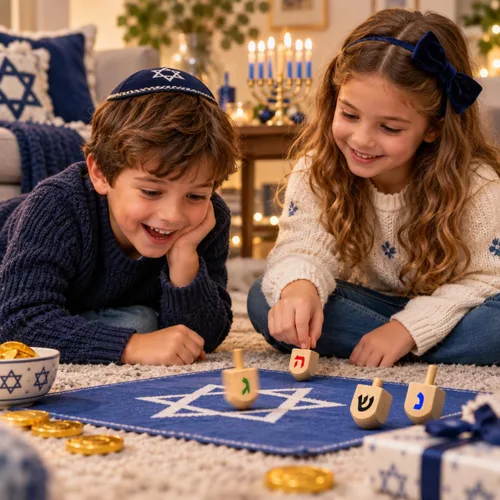 Vista 7 de Paquete de 10 Dreidels Hanukkah Draydel de madera natural con tarjetas de transliteración e instrucciones en inglés