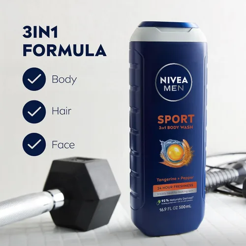 Vista 3 de NIVEA Men Sport Body Wash con minerales revitalizantes, aroma a mandarina y pimienta, gel de baño 3 en 1 para hombre, cara y cabello, sin parabenos