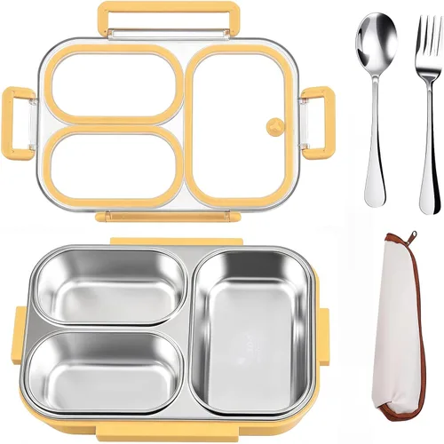 Vista 11 de Kit de lonchera de acero inoxidable 18/8 de 25 onzas (caja de bento + tenedor/cuchara), 3 compartimentos a prueba de fugas, caja de aperitivos