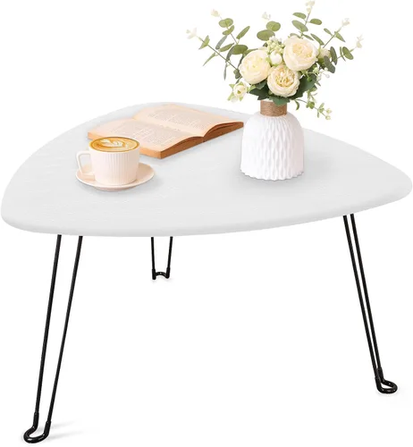 Vista 10 de Mesa de centro plegable negra de madera triangular para sentarse en el suelo, mesas auxiliares pequeñas ovaladas, mesa de centro moderna de mediados