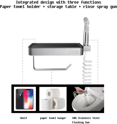 Vista 3 de Soporte de papel higiénico con pistola pulverizadora, bidé de ducha de pulverización de mano, dispensador de papel higiénico, pistola rociadora