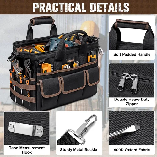 Vista 4 de Bolsas de herramientas resistentes de 16.5 pulgadas para hombres, bolsa de herramientas grande de 34 bolsillos con correa de hombro ajustable