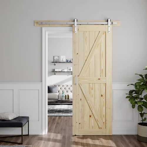 Vista 11 de SMARTSTANDARD Puerta corrediza de granero de 26 x 84 pulgadas con herrajes de níquel cepillado Kit de riel y mango de 5 pies, requiere montaje