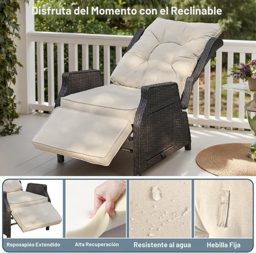 Vista 4 de Sillón reclinable para exteriores con respaldo ajustable y reposapiés, color beige