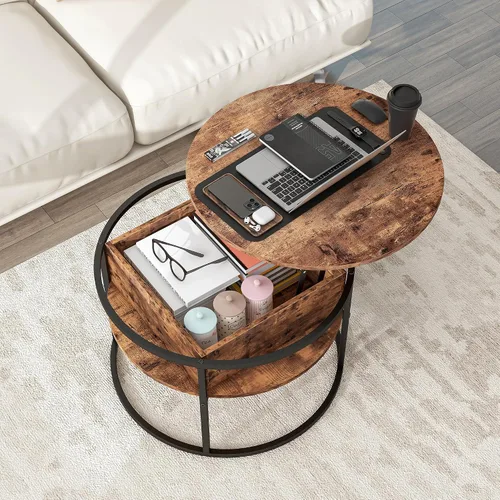 Vista 8 de HOJINLINERO Mesa de centro redonda elevable, con compartimento oculto de almacenamiento, decoración de mesa de centro de madera de granja