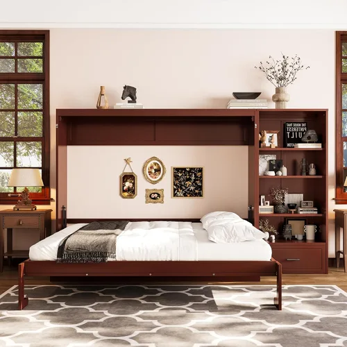 Vista 31 de Cama Murphy de Pared Tamaño Queen con Escritorio en Forma de L, Sofá de 2 Asientos y Luz, Marco de Cama Murphy Tradicional de Madera Maciza