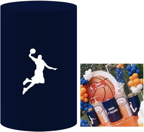 Vista 6 de Fundas de soporte de cilindro con temática de baloncesto para fiestas de cumpleaños de niños, cubierta de pedestal con patrón de cesta, decoración