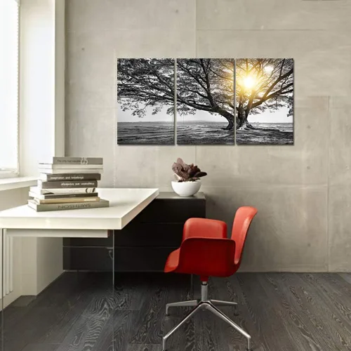 Vista 5 de Biuteawal Arte de pared de 3 piezas de árbol blanco y negro al amanecer cálido paisaje fotográfico, impresiones en lienzo de árbol de la vida