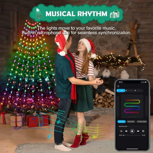 Vista 3 de Luces de cadena para árbol de Navidad con control de aplicación inteligente Ring, 200 LED con sincronización de música, cambio