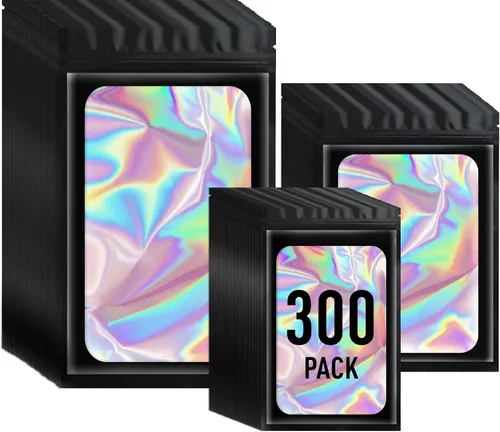Vista 29 de ANZNKU 300 bolsas holográficas de Mylar resellables, bolsas resellables de 4x6 pulgadas para pequeñas empresas, bolsa de kit para resaca a prueba