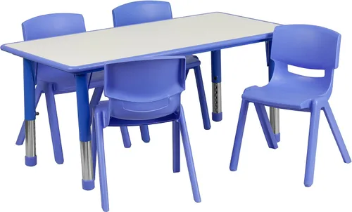 Vista 3 de Flash Furniture Emmy - Juego de mesa rectangular de plástico azul ajustable con 4 sillas, 23.625 pulgadas de ancho x 47.25 pulgadas de largo