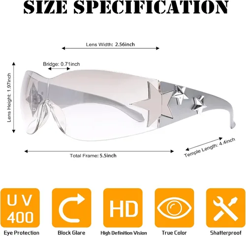 Vista 3 de BOTEN Star Y2K - Gafas de sol para mujer, sin montura Y2K envolventes, 2000S, estética de moda Y2K