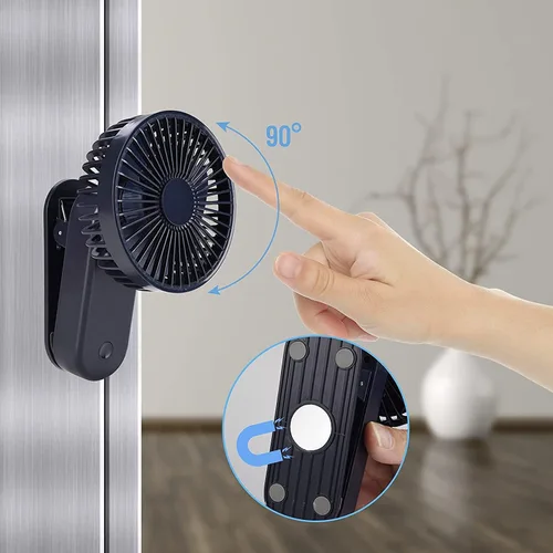 Vista 2 de Mini ventilador de escritorio portátil con clip, 2400 mAh, recargable, USB, funciona con pilas, con imán, color azul rey