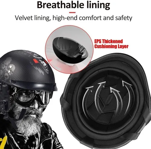 Vista 4 de Cascos de Moto Retro Jet para adultos, hombres y mujeres, DOT Homologado Semi Cubierto Vintage Ligero 22.93 oz, ABS 709S + EPS, forro fresco