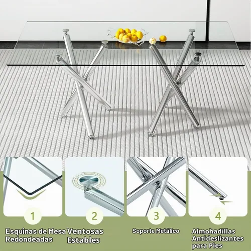 Vista 4 de Juego de mesa de comedor de cristal para 6.71 pulgadas, mesa de comedor para 6, mesa rectangular grande de vidrio templado y 6 sillas de piel Mesa