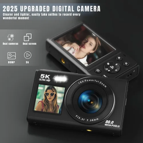 Vista 2 de Cámara digital 5K, cámara de doble pantalla con zoom digital de 18X, cámara compacta de vlogging para adolescentes, paquete de regalo