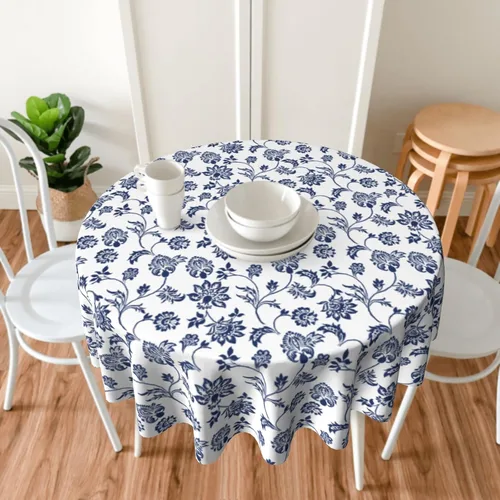 Vista 5 de Cafl Mantel redondo de flores indias azules, impermeables, para bodas, fiestas, comedor, banquetes de vacaciones
