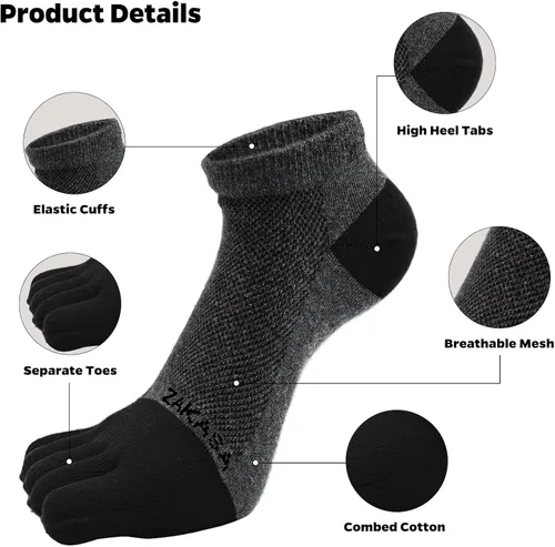 Vista 3 de ZAKASA Mens Ankle Toe Socks Athletic Running Five Finger Cotton Crew Socks Breathable Mesh Top - Size 8-12 (5 Pairs)