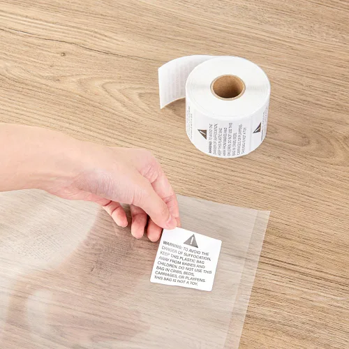 Vista 5 de Restaurantware Label Tek - Calcomanías de embalaje de 2 x 2 pulgadas, 500 etiquetas de envío de alta calidad, advertencia de asfixia, papel blanco