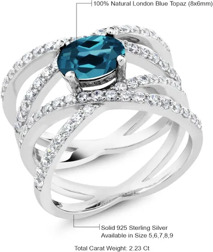 Vista 4 de Gem Stone King Anillo de compromiso de plata de ley 925 con topacio azul Londres para mujer