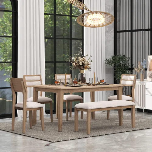 Vista 17 de Juego de comedor retro de 6 piezas, mesa rectangular de madera y 4 sillas con banco para cocina y comedor, color gris cola de milano Cola de milano