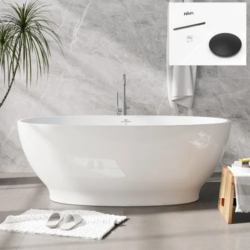 Vista 31 de FerdY Tahití - Bañera de acrílico independiente de 55 pulgadas, elegante bañera de remojo de forma ovalada, blanco brillante, drenaje dorado