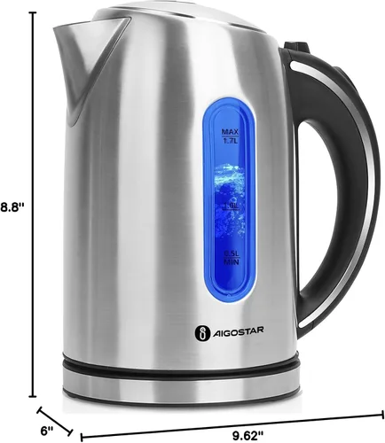 Vista 9 de Aigostar Hervidor eléctrico de acero inoxidable, 1,7 litros, plateado