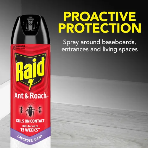 Vista 4 de Raid Ant & Roach Killer Spray para insectos listados, mantiene matando durante 13 semanas, aroma a lavanda, 12 onzas