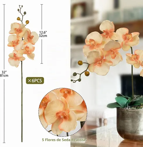 Vista 2 de DILATATA 6 tallos de orquídeas artificiales de 32 pulgadas, orquídea mariposa rústica, flores de phalaenopsis falsas para centros de mesa de bodas