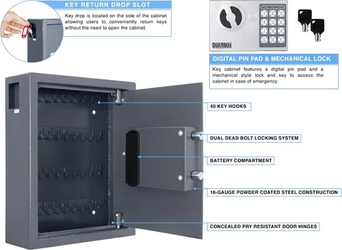 Vista 2 de DuraBox Armario de 40 llaves con cerradura digital, caja fuerte para llaves electrónicas, caja de seguridad de acero con ranura para caídas