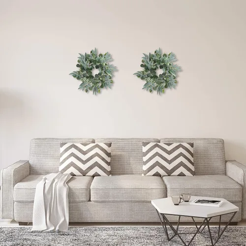 Vista 5 de Corona de eucalipto verde artificial, corona verde de 15 pulgadas con racimos de flores blancas, mini coronas de primavera/verano para decoración