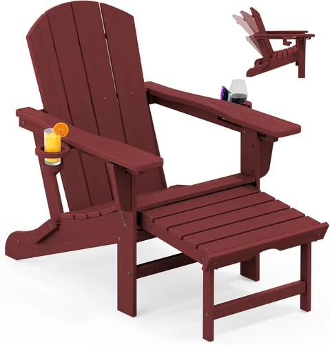 Vista 10 de KINGYES Silla Adirondack plegable ajustable con otomana y 2 portavasos, silla reclinable Adirondack HDPE con reposapiés, Aruba