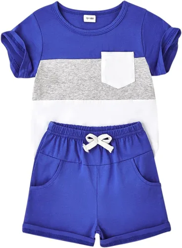 Vista 25 de Ropa para bebé niño pequeño, trajes de verano de manga corta, camiseta de retazos y pantalón con bolsillo, conjunto de 2 piezas, 12 meses a 4 años
