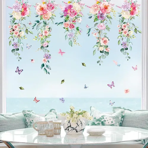 Vista 12 de Whaline 9 hojas de calcomanías florales de San Valentín para ventana, diseño de rosas de primavera, hojas de eucalipto, calcomanías de vidrio