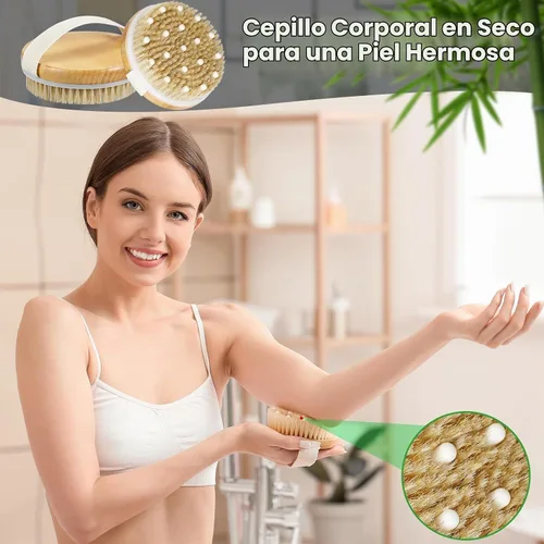 Vista 6 de Gejoy Cepillo corporal de cepillado en seco para drenaje linfático, cepillo exfoliante con nódulo de masaje, limpiador corporal para piel seca